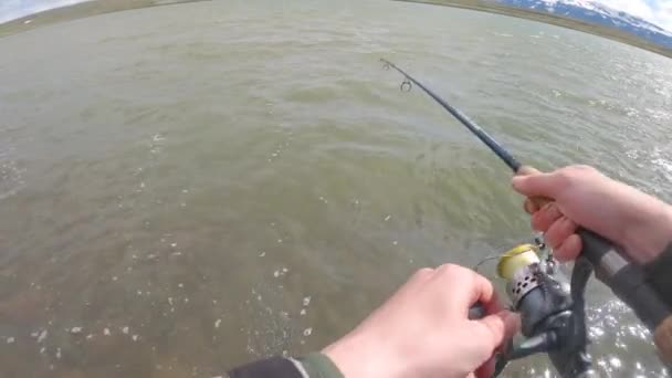 Pov Fisherman Hands Spinnfiske Reel — Stockvideo