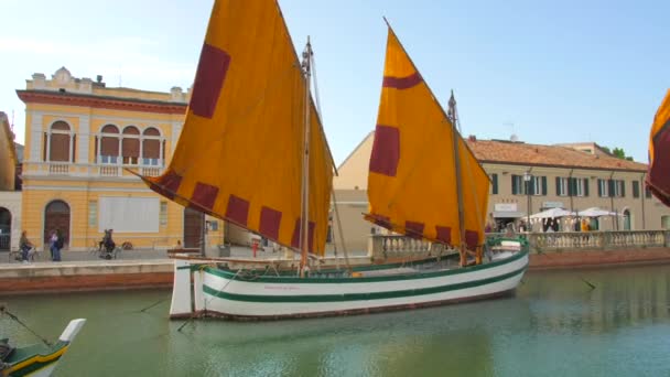 Łodzie Rybackie Pływające Kanale Portowym Mierzone Rysowane Przez Leonardo Vinci — Wideo stockowe