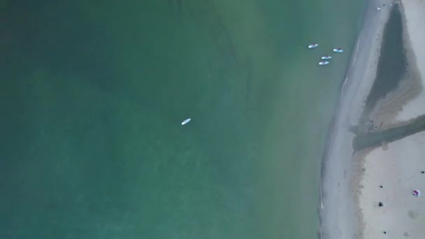 Aerial Overhead Shot Green Ocean Water Sup Leaving Sandy Beach — Stock Video