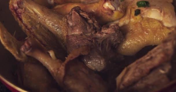 Close Chicken Duck Pieces Being Cooked Slow Motion — Stock Video