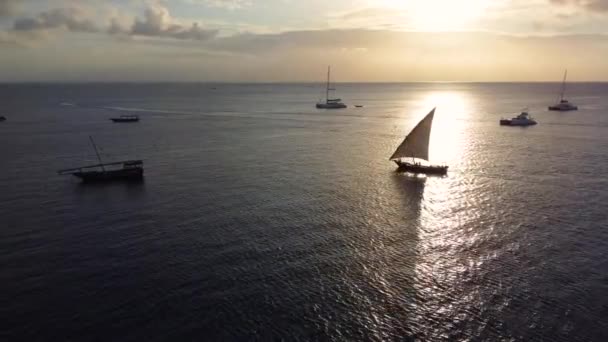 Beautiful Drone Shot Traditional Sailing Boat Sails Sailing Zanzibar Tanzania — Stock Video