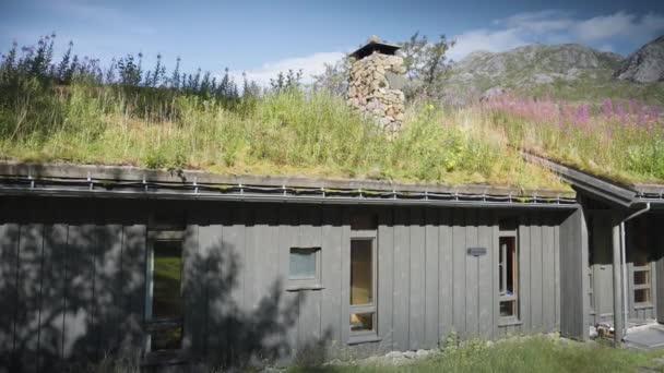 Close Casa Telhado Tradicional Sod Com Uma Chaminé Pedra Câmara — Vídeo de Stock