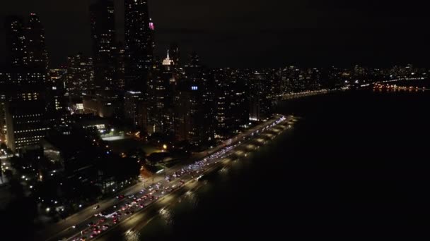 Pan Reveals Lake Shore Drive Hancock Building Nighttime Chicago — Stock Video