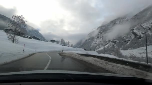 Car Trip Zermatt Winter Bad Weather Road Snow Free Landscape — Stock Video