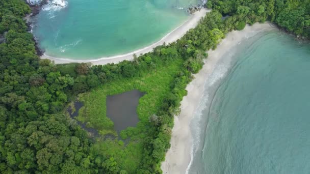 哥斯达黎加曼纽尔 安东尼奥国家公园空中拍摄的鲸鱼尾形海滩 蓬塔乌维塔的岩石点 4K视频 — 图库视频影像