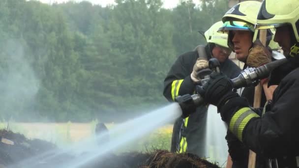 Fireman Extinguish Fire Hose Firefighters Put Out Burning Grain Forge — Stockvideo