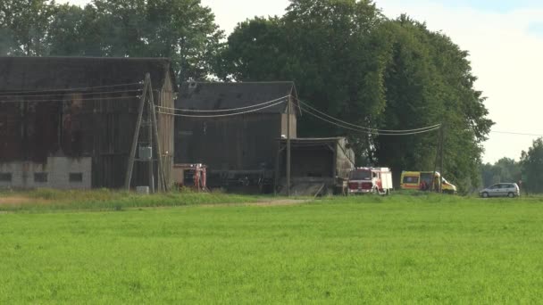 Fireman Extinguish Fire Hose Firefighters Put Out Burning Grain Forge — Video