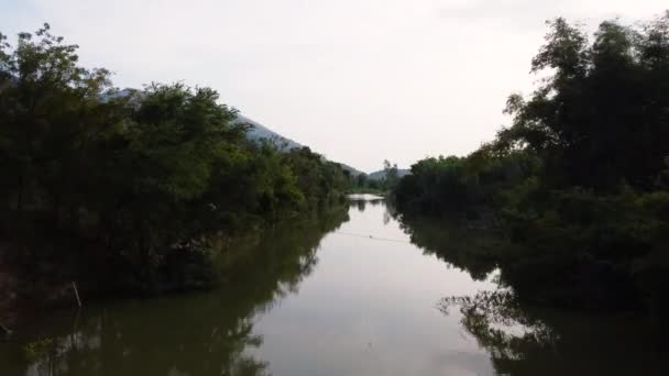 Réflexions Sur Rivière Tranquille Avec Une Forêt Dense Des Montagnes — Video