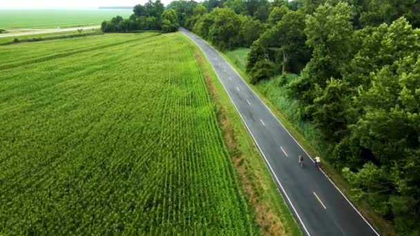 Una Vista Aérea Dos Ciclistas Pedaleando Una Carretera Aislada Cerca — Vídeo de stock