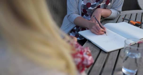 Terapeuta Caucasiano Irreconhecível Coaching Loira Cliente Feminino Marcando Texto Caderno — Vídeo de Stock