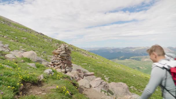 Πεζοπόρος Περπατώντας Ανάμεσα Grassy Τούντρα Mount Bierstadt Κολοράντο — Αρχείο Βίντεο