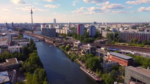 Alexanderplatz Tower Spree River Skyscrapers Gorgeous Aerial View Flight Pedestal — Stock Video