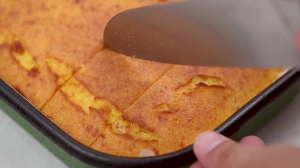 Slicing Corn Pie Baking Tray Closeup Look — Stock Video