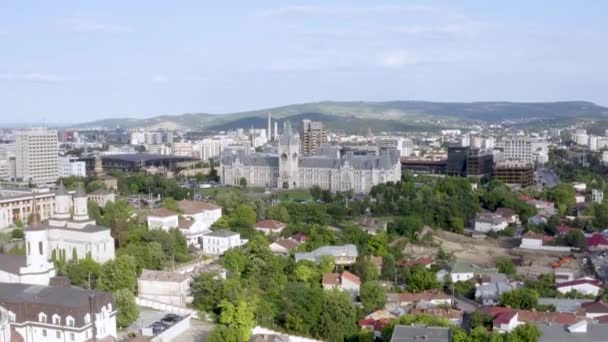 Дворец Культуры Городе Румынии Панорамный Снимок Беспилотника — стоковое видео