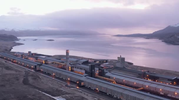 Bright Sky Sunrise Reyarfjrur Fjord Large Aluminium Smelter Factory Aerial — Stock Video