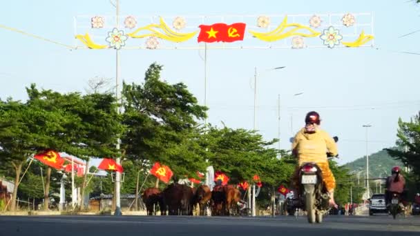 Коммунистический Национальный Флаг Размахивающий Ветру Улице Городского Транспорта Вьетнаме — стоковое видео
