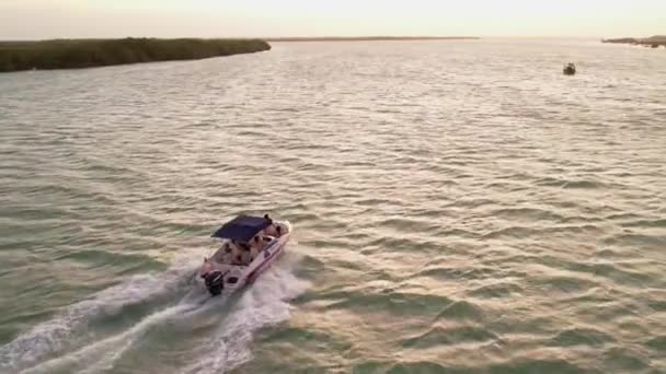 Εναέρια Τροχιά Ακολουθήστε Power Boat Αφήνοντας Ίχνη Αφρού Στον Ποταμό — Αρχείο Βίντεο