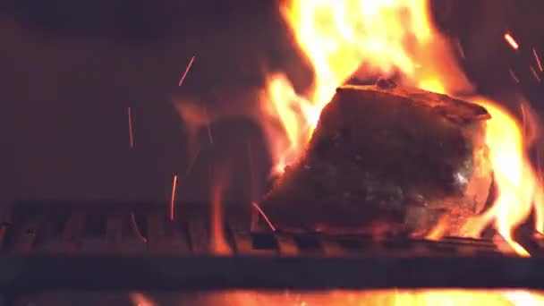 将燃烧的酒精混合物倒入火烤架上的厚厚的猪肉上 慢动作 — 图库视频影像