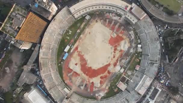 Stadium Construction Top Aerial View Surrounded City Roads Buildings — Stock Video