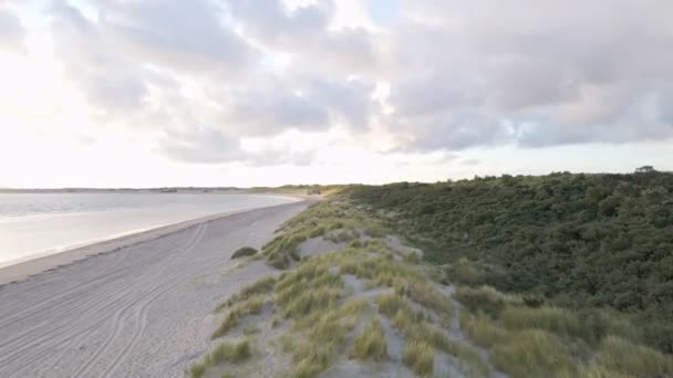 砂丘草の上の空中前方飛行 日の出の間のオランダの砂浜 — ストック動画