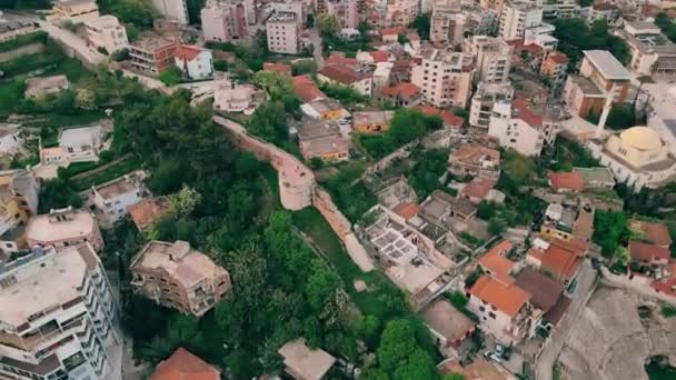 Drohnenschuss Über Dem Balkon Des Römischen Amphitheaters Durres Albanien — Stockvideo