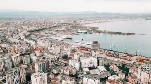 Vacker Antenn Drönare Skott Hamnen Och Staden Durres — Stockvideo