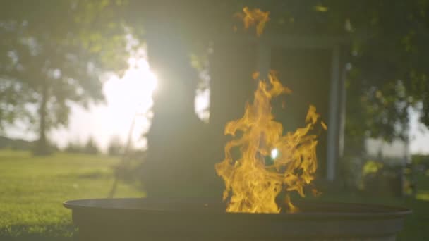 Beautiful Golden Hour Fire Pit Extreme Slow Motion Flames Camera — Stock Video