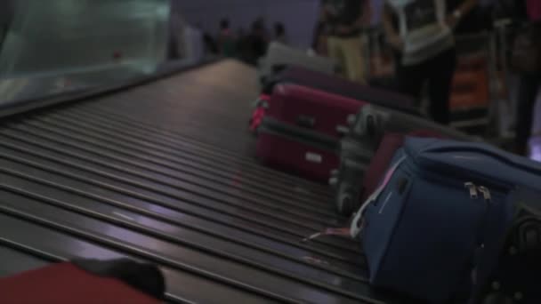 空港で荷物の請求 彼らは手荷物カルーセルに乗っている — ストック動画