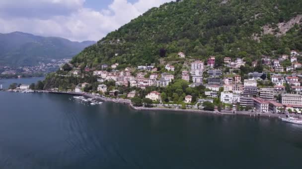 Como City Lakeside Buildings Overlooking Idyllic Lake Como Aerial — Stock Video