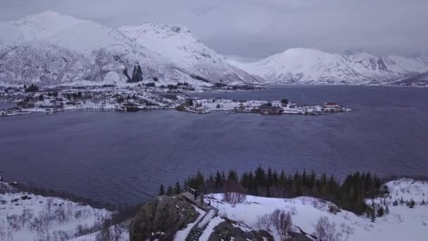 Letecký Záběr Nad Lidmi Sledujícími Krajinu Lofotenských Ostrovech Norsko — Stock video
