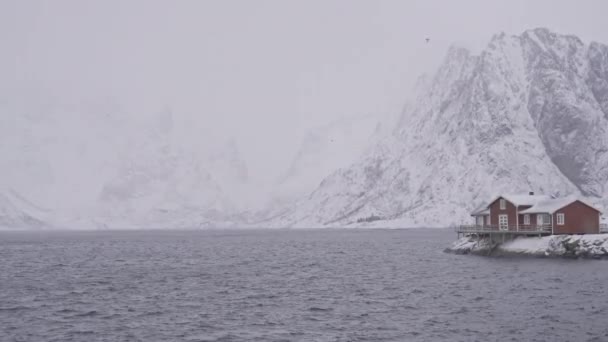 ノルウェーの海と山の前にある典型的なノルウェーの家 ロフトテン島 ノルウェー — ストック動画
