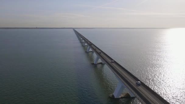 Imágenes Aéreas Alta Velocidad Fotogramas Orbitando Sobre Enorme Puente Zeeland — Vídeo de stock
