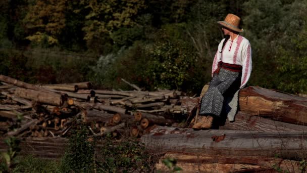 Romanian Girl Sits Cut Trees — Stock Video