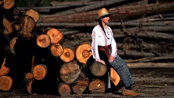 Румынская Девушка Сидит Вырубленных Деревьях — стоковое видео
