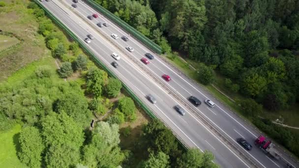 Góry Dół Widok Płynnych Samochodów Osobowych Ciężarowych Ruch Wielopasmowych Autostradach — Wideo stockowe