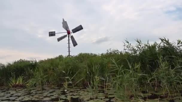 Pov Calm Boatride Reeds Winmill Background Ολλανδία — Αρχείο Βίντεο
