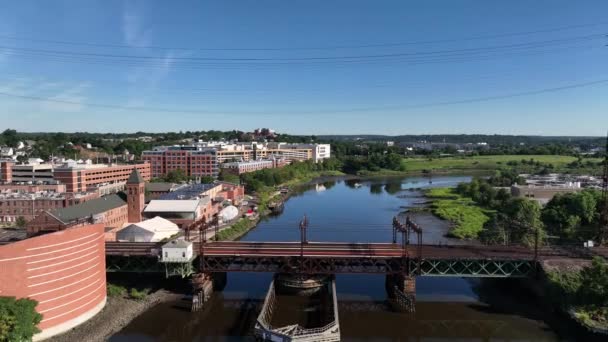 Aerial View Norwalk River Railroad Bridge Sunny Morning Drone Camera — Stock Video