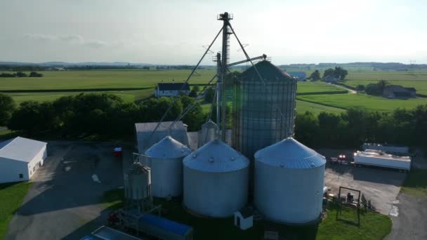 Grain Bins Family Farm Summer Season Aerial Orbit Corn Elevator — Stock Video