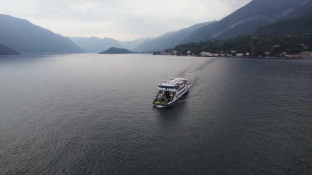 Pontoon Ferry Boat Transporting Cars Lake Como Water Italy Aerial — Stock Video
