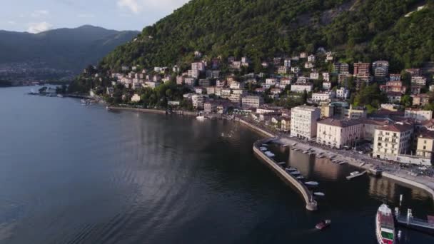 Vista Waterfront Structures Lake Como Cruise Lombardije Noord Italië Luchtfoto — Stockvideo