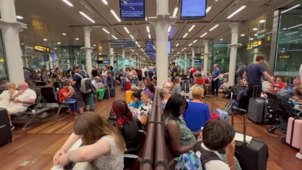 Ludzie Czekają Wyjazd Europy Zatłoczonej Londyńskiej Stacji Eurostar Pancras International — Wideo stockowe