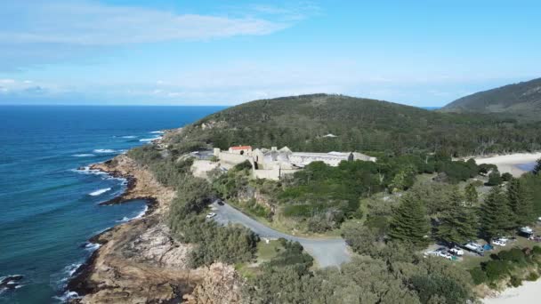 Aerial View Historic Trial Bay Gaol Built Coastal Headland South — Stock Video