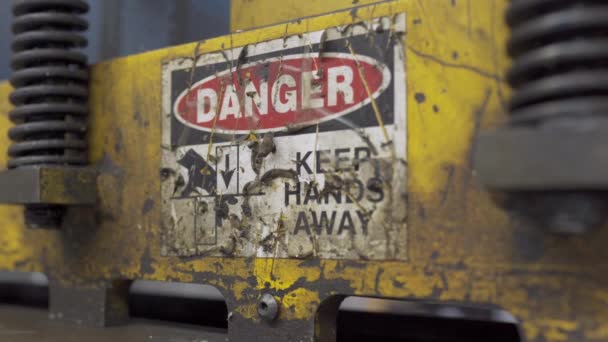 Closeup Danger Warning Metal Shear Machine — Stock video