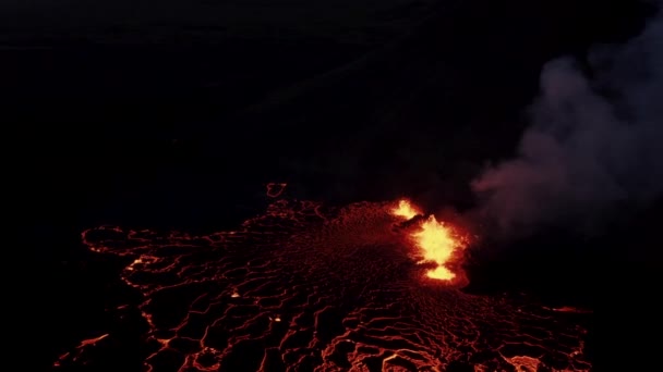 Fiery Volcanic Landscape Molten Magma Spewing Ground Night — Stock Video