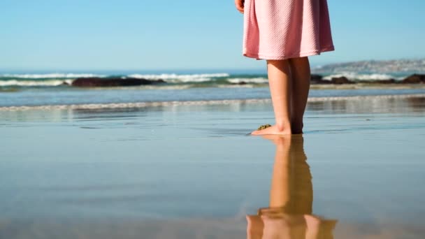 Reflektion Våt Sand Stranden Flicka Rosa Klänning Tittar Vågor — Stockvideo