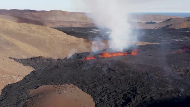 Grupo Turistas Pie Borde Lava Basalto Del Volcán Fisura Islandia — Vídeos de Stock