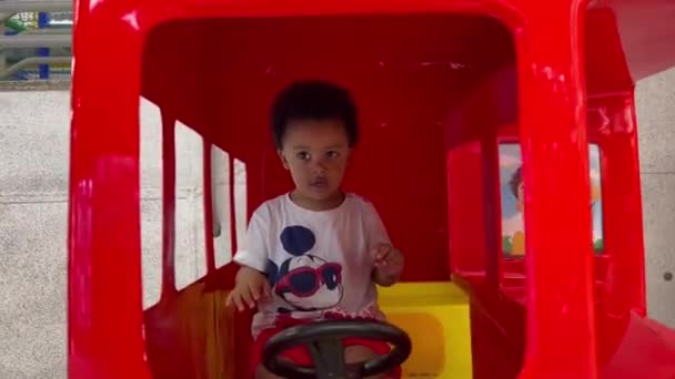 Sweet Lovely Year Old Afro European Child Riding Red Big — Stock Video