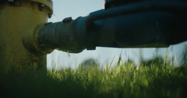 Wasser Tropft Aus Undichtem Hydrantenrohr Nahaufnahme Einer Undichten Industriepipeline Grass — Stockvideo