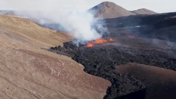 Fagradals Fire Volcano Meradalir Valley Large Basalt Rock Surface Aerial — Stock Video