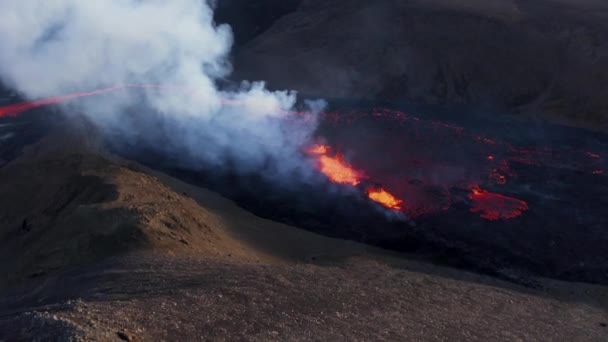 2022 Fisura Volcán Fagradalsfjall Islandia Con Humo Tóxico Grueso Aéreo — Vídeos de Stock